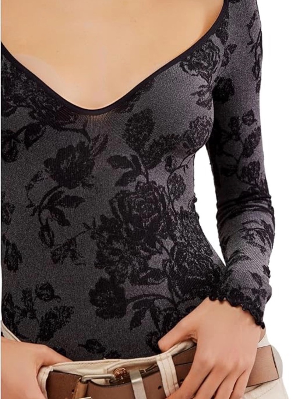 Free people V-Neck Floral Burnout Long Sleeve body suit in Charcoal and Black